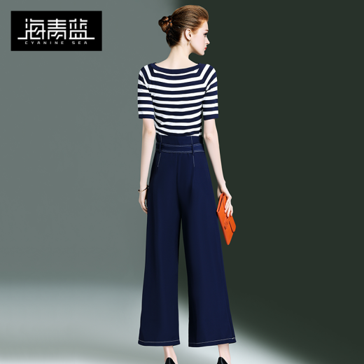 Sea blue women's clothing spring and summer new European goods trendy striped fashion knitted tops loose wide-leg pants two-piece suit for women 11874 striped S
