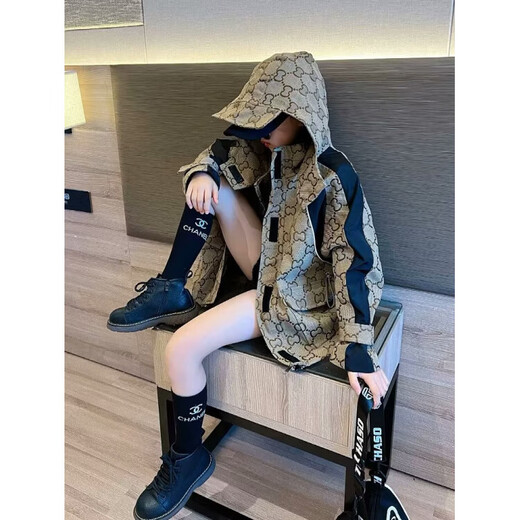 Girls' coat spring tops 2025 Korean version of medium and large children's windbreaker, stylish mid-length lapel hooded cardigan trendy TW04 khaki 170