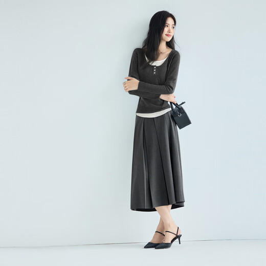 Eifini (eifini) Eifini classic simple texture pleated long skirt for women 2025 autumn new versatile casual commuting skirt dark sandalwood mid-length version free belt with order M 100-110Jin Jin equals 0.5 kg