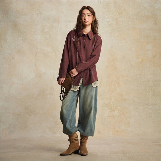 Giordano designer women's new textured embroidered pocket point collar loose long-sleeved shirt 18345223