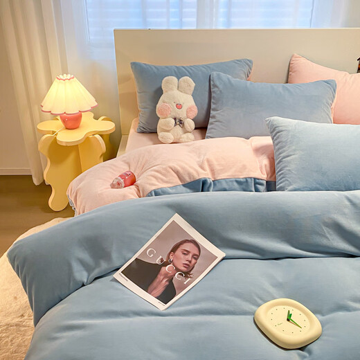Nanjiren milk velvet four-piece winter thickened warm bed sheet and quilt cover bedding dormitory single solid color velvet set baby blue + pink jade double-sided warm velvet thickened and warm 2.0m bed sheet style four-piece quilt cover 220x240cm