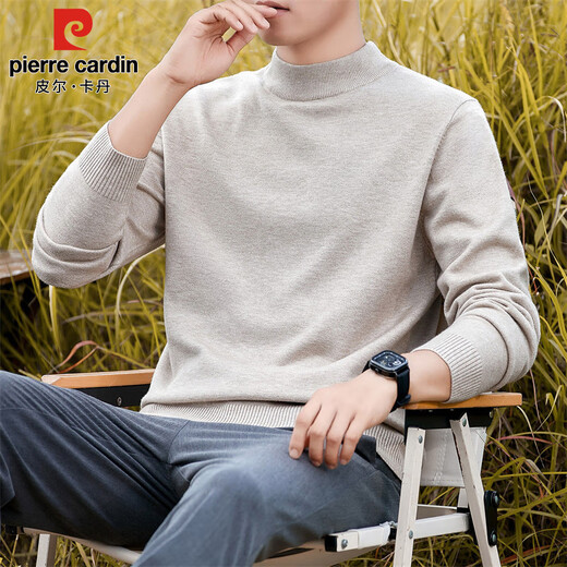 Pierre Cardin half turtleneck sweater for men autumn and winter warm inner sweater men's solid color casual top khaki 2XL