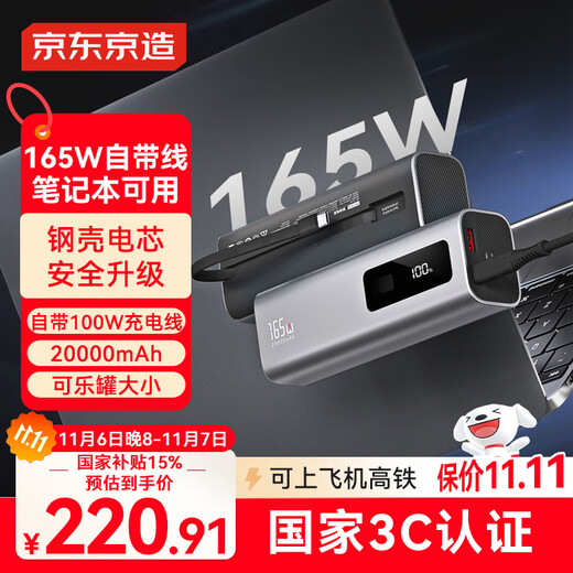 Made in Tokyo, 165W steel shell battery cell, 100W, built-in fast charging cable, 20,000 mAh, 3C certified, aircraft-friendly mobile power supply, suitable for outdoor use, Apple 17, Xiaomi 17, Huawei notebook