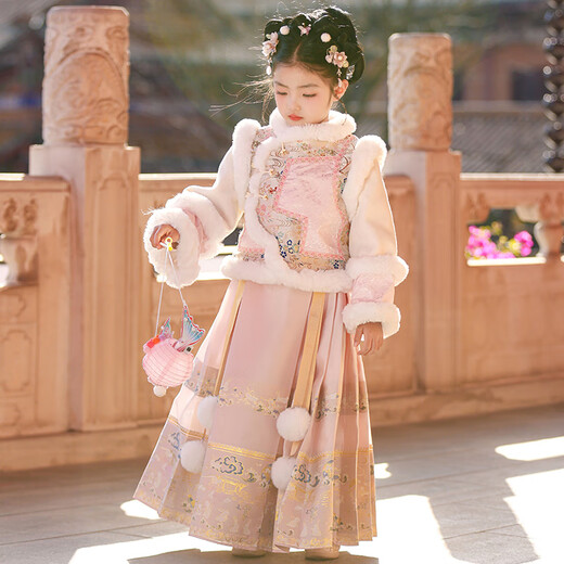 Anneyol Girls' Hanfu Winter Costume Children's Winter Clothes National Style Thickened Cheongsam Skirt New Year's Eve Clothes Pink 120