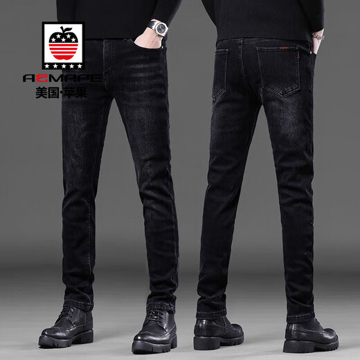 AEMAPE American Apple high-end jeans for men 2025 autumn and winter new slim straight leg plus velvet casual pants for men 1048 black regular size 30 waist 2 feet 3 suitable for 110-120 Jin Jin is equal to about 0.5 kg