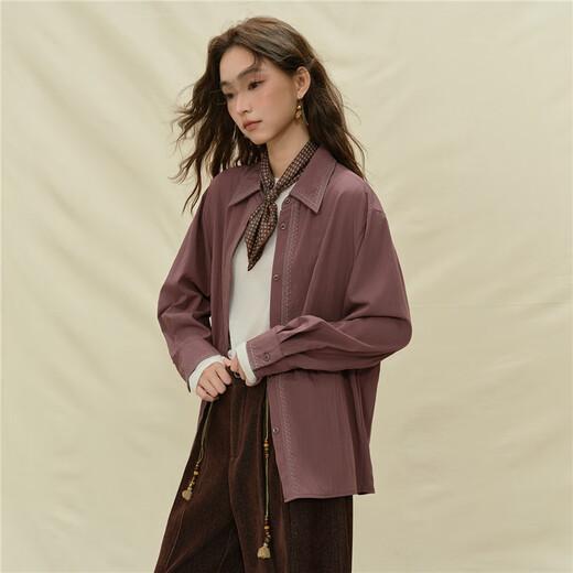 Giordano designer retro embroidered matte drape loose crisp volumetric shirt women's long sleeves 18345831 04 bean paste red S