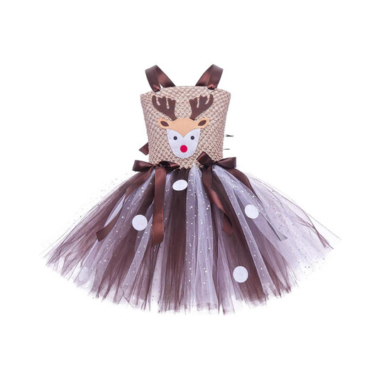Christmas deer European and American children's elk performance princess skirt girls decoration holiday dress tutu skirt performance costume dark coffee dress 90 S (-105 cm)