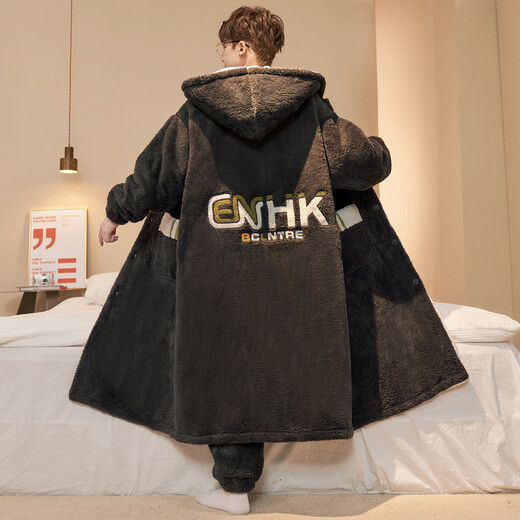 Siqiniao Autumn and Winter Coral Velvet Pajamas Men's Pajamas Large Size Loose Long Bathrobe Men's Winter Flannel Home Clothes Youth 3218# Robe + Pajamas XL (Recommended 130-155 Jin Jin equals 0.5 kg / Height 170-175)