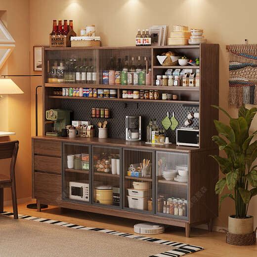Huixun aparador de madera maciza gabinete de almacenamiento de cocina sala de estar gabinete de té multifuncional de gran capacidad gabinete de almacenamiento integrado gabinete de vino color nogal negro #toda madera maciza sin chapa/con enchufe integrado 200*40*181