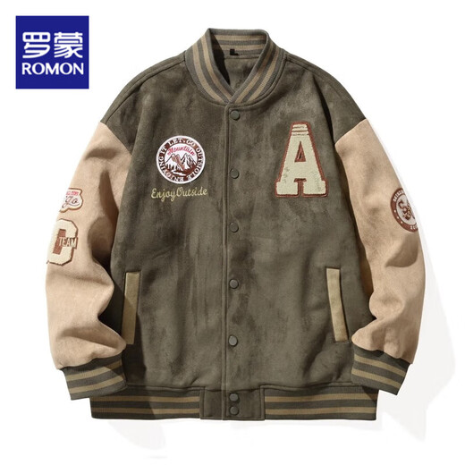 ROMON American high-end military green patchwork baseball uniform jacket for men spring and autumn design color matching loose top jacket for men green 2XL 160-180Jin Jin is equal to 0.5 kg