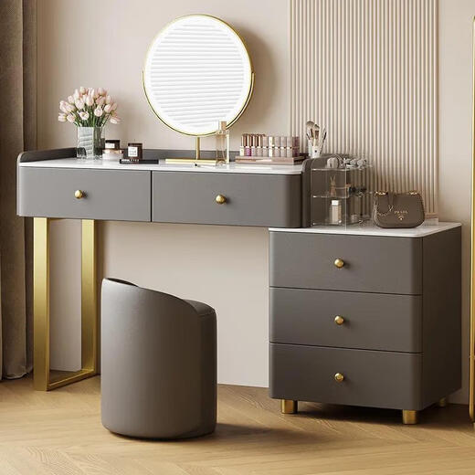 Chugouxiang's new light luxury combination solid wood dressing table, bedside storage cabinet, integrated women's bedroom, modern cream style makeup table, smart mirror - silicone leather - solid wood frame, counter, stool mirror, complete set, length 80cm