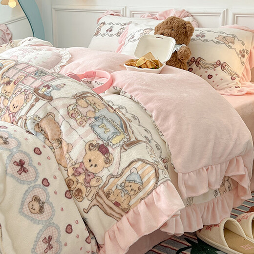 Cheng Baobao winter thickened Lolita milk velvet bed four-piece set plus velvet coral velvet quilt cover three-piece bed sheet princess style Sweetheart Coco Bear bed sheet style student three-piece set suitable for 150x200cm quilt