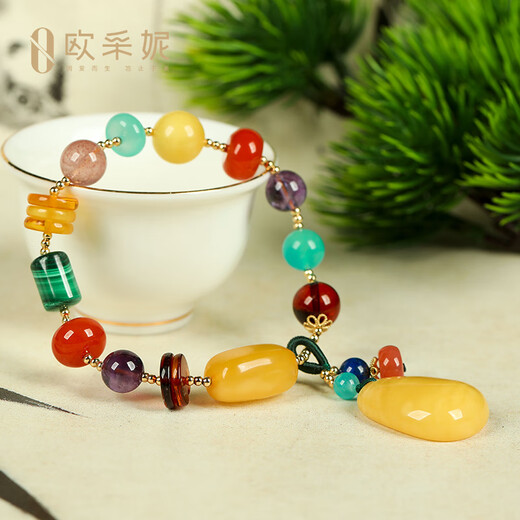 OUCERNY Beeswax Duobao Bracelet Blood Amber Amethyst Southern Red with Amber Water Drop Pendant Bracelet Beeswax Women's Heart Color
