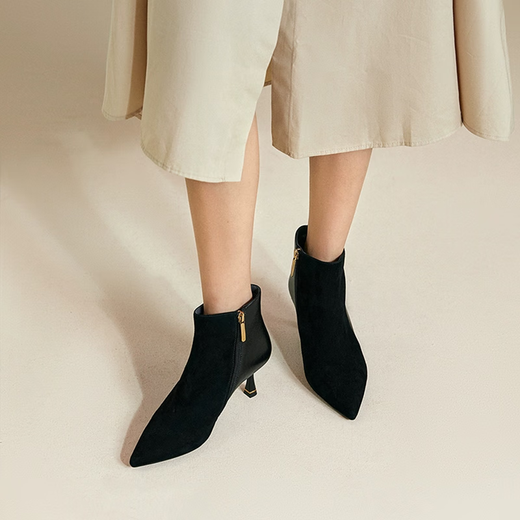 Qianbaidu Silent Series 2025 Winter Shopping Mall Same Style Ankle Boots Pointed Toe High Heel Sheepskin Short Boots for Women A25571635 A15 Khaki (velvet lining) (6.5cm) 37 (235mm)