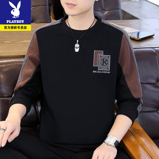 Playboy Spring and Autumn Men's Sweatshirt 2026 New Round Neck Hoodless Embroidered Long Sleeve T-shirt Men's Trendy and Handsome Bottoming Top Spring and Autumn Style-8822 Black High Quality XL Recommended 130-150Jin Jin is equal to 0.5 kg