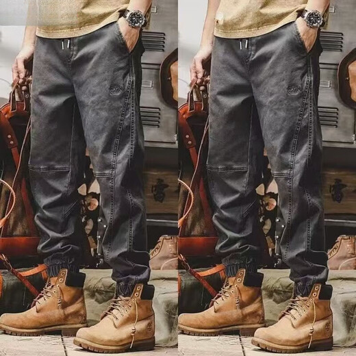 American high-end British overalls, trendy brand men's ankle-tied spring and autumn loose large size handsome retro casual pants, camel + black, two-piece set, regular 3XL, recommended 160-180Jin Jin is equal to 0.5 kg