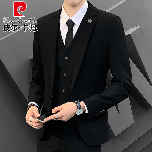 Pierre Cardin casual suit suit for men, groom, wedding, Korean version, trendy business formal dress, slim and handsome small suit jacket, black single suit XL