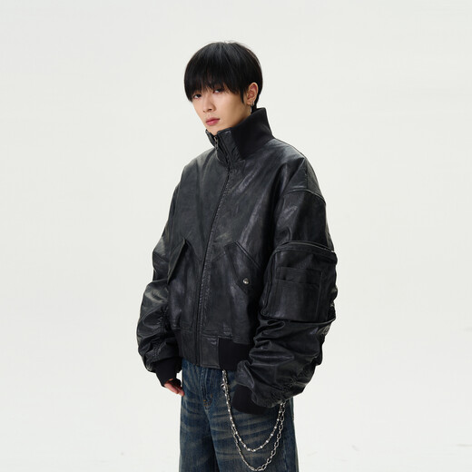 Weilang's shop winter American retro distressed aviator leather jacket cotton jacket men's handsome stand-up collar jacket coat couple New Year black L