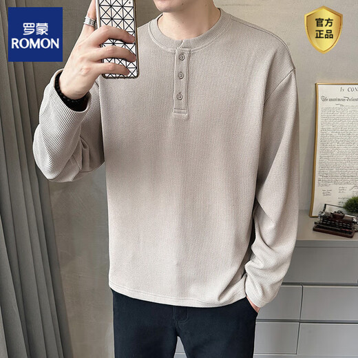 ROMON Henley collar long-sleeved T-shirt for men 2025 new spring and autumn style autumn coat button solid color inner layering shirt sweatshirt for men Gray Apricot M 90-115Jin Jin is equal to 0.5 kg