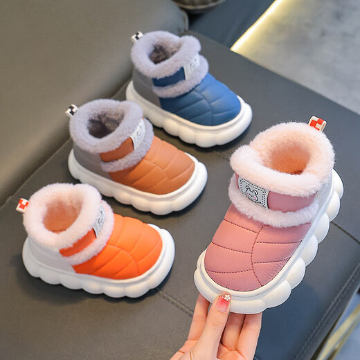 Winter children's bag-heeled cotton shoes for boys and girls, warm plus velvet PU leather waterproof thick-soled outer wear parent-child home shoes, upgraded version of environmentally friendly material blue, size 12 32/33 (shoe inner length 19CM, suitable for feet 18