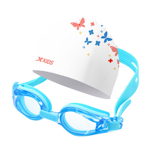 Xtep swimming goggles for boys and girls, high-definition, soft, comfortable, anti-fog, professional swimming training cap set, white swimming cap + blue small frame swimming goggles, one size fits all