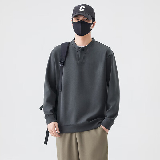 Jiebinlu high-end solid color sweatshirt for men spring and autumn 2025 new trendy loose Henry collar top men's casual bottoming shirt dark gray M recommended 100-120Jin Jin equals 0.5 kg