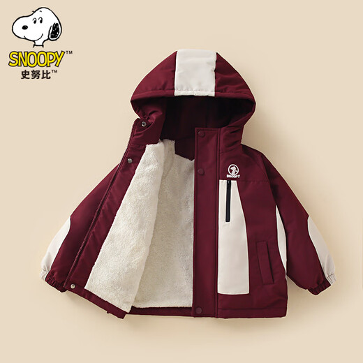 Snoopy (SNOOPY) children's clothing children's fleece jacket boys and girls hooded autumn and winter warm outdoor clothing top dark red 140