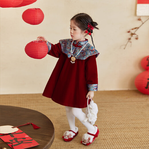 LUSON Children's Clothing Baby Girl New Chinese Style Cloud Shoulder Red Dress 2026 New New Year Velvet Skirt New Year's Eve Clothing