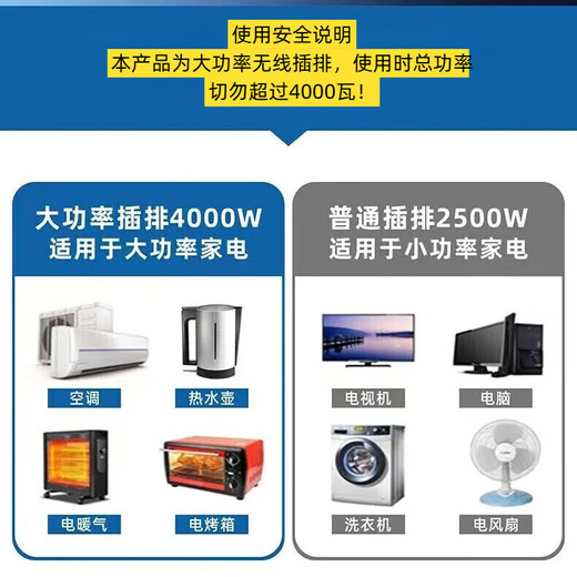 JD Logistics High-power 16A air-conditioning special socket induction cooker heater water heater plug-in board wireless plug-in strip 5-hole wireless model high power-without switch model