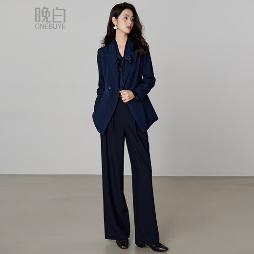 Late white off-size clearance 2026 spring double-breasted lapel top temperament fashion versatile commuter suit jacket for women dark blue S