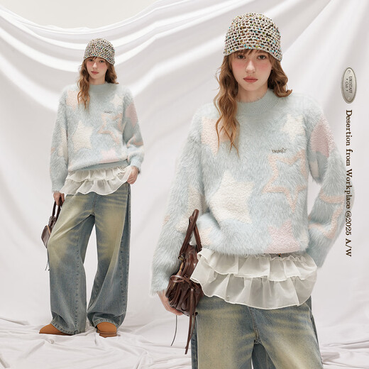 UNIFREE thickened mohair pullover sweater female star jacquard contrast soft waxy lazy loose top blue one size