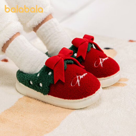 Balabala 2025 new children's cotton slippers Christmas girls' non-slip warm and cute boys' winter velvet home slippers