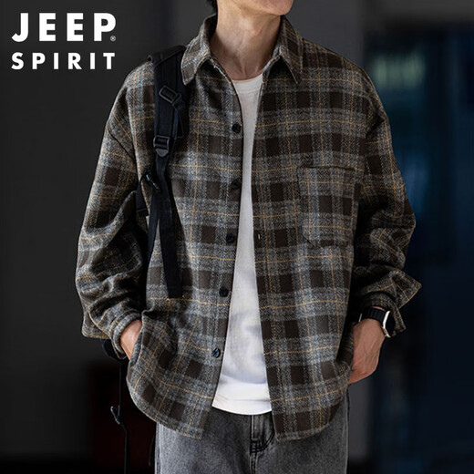 JEEP SPIRIT吉普磨毛加厚格子衬衫男秋冬季工装长袖衬衣休闲外套 深灰色 XL