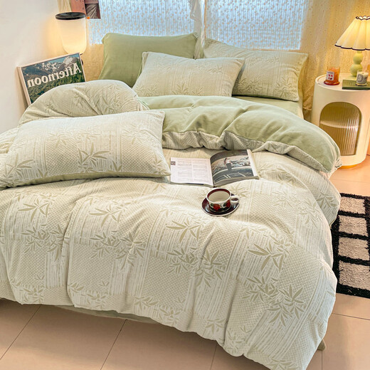 2025 new flannel coral velvet plush winter thickened plus velvet bed sheets milk velvet four-piece warm bedding set Bamboo Linjian-green bed sheet style 1.8 four-piece set-quilt cover 200x230