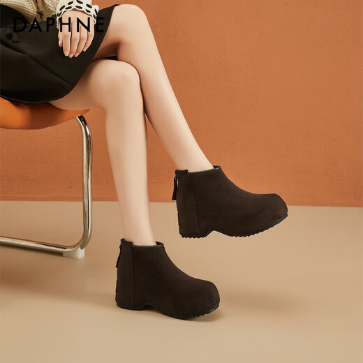 Daphne short boots for women thick-soled low-heeled inner heightening solid color plus velvet comfortable round toe back zipper ankle boots for women brown 37