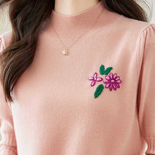 Shexi (Srcr) pure wool sweater small short embroidered sweater for women elegant age-reducing half turtleneck mid-sleeve bottoming sweater