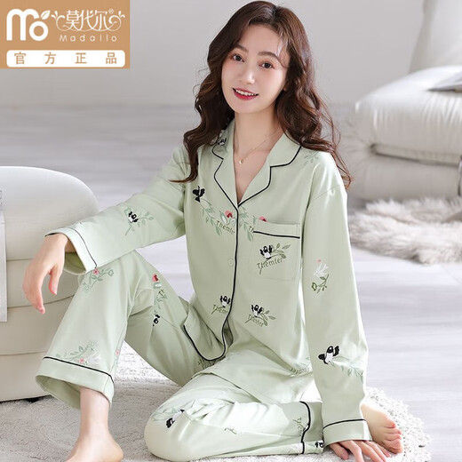 莫代尔纯棉睡衣女士春秋季长袖休闲韩版碎花翻领宽松中年妈妈家居服套装 YM7024 L 100-120斤