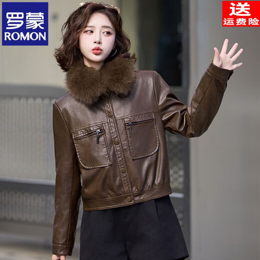ROMON Haining velvet thickened leather jacket for women 2025 winter new warm small fur collar short leather jacket trendy brown 2XL recommended 110-120Jin Jin equals 0.5 kg