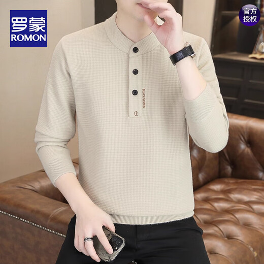 ROMON button sweater men's winter new velvet thickened wool knitted bottoming shirt men's Henry collar warm top Khaki M Recommended 90-100Jin Jin equals 0.5 kg