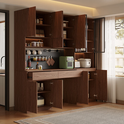French poetry custom-made solid wood sideboard wine cabinet against the wall integrated dining table built-in walnut glass cupboard cabinet 1.6 meters long * 2.0 meters high (four-door sideboard) Perforated board and double-hole track socket are provided by default