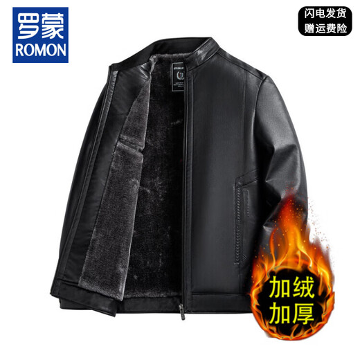 Father Romon winter coat middle-aged men's fur one-piece lapel leather jacket for middle-aged and elderly men velvet thickened leather jacket black 2XL 185
