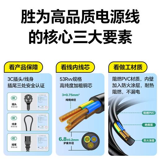 胜为（shengwei） 电脑显示器主机电源线三芯品字尾带3C安全认证 适用于台式机电饭煲打印机电视机2米 APT0020G