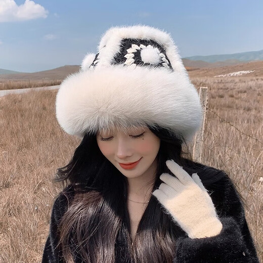 Yinghui's new temperament mink fisherman hat for women in autumn and winter, warm fox fur hat, cute face-showing small real fur lion hat, off-white, one size fits all