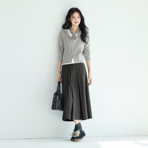 Eifini (eifini) Eifini classic simple texture pleated long skirt for women 2025 autumn new versatile casual commuting skirt dark sandalwood mid-length version free belt with order M 100-110Jin Jin equals 0.5 kg