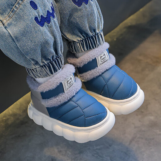 Winter children's bag-heeled cotton shoes for boys and girls, warm plus velvet PU leather waterproof thick-soled outer wear parent-child home shoes, upgraded version of environmentally friendly material blue, size 12 32/33 (shoe inner length 19CM, suitable for feet 18