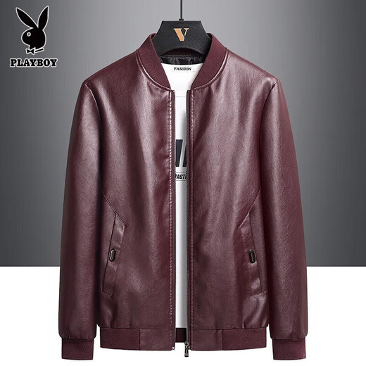 Playboy velvet leather men's jacket autumn and winter thickened soft leather jacket Haining style Korean version slim and warm casual thin style black without velvet XL 126-140Jin Jin equals 0.5 kg