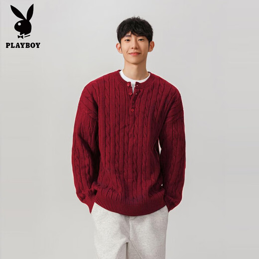 Playboy (PLAYBOY) 2025 New Navy American Henley Collar Sweater Men's Winter Thickened Men's Knitted Sweater Twist Inner Top Navy Blue 2.0 XL