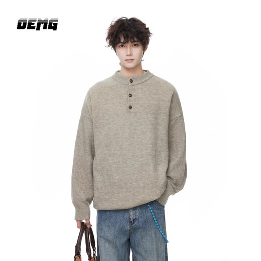 OEMG Gray Henley Collar Sweater Men's Autumn and Winter Trendy Retro Lazy Sweater Tops Warm Sweater Jacket Light Gray XL Recommended 110-130Jin Jin equals 0.5kg