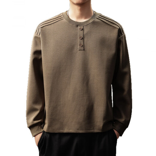 OLJ light luxury brand heavyweight Henry collar sweatshirt men's autumn design niche pleated long-sleeved T-shirt light coffee M suitable for 100-120Jin Jin equals 0.5 kg