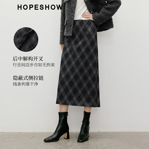 Red sleeve (hopeshow) contrasting plaid skirt 2025 winter new women's retro style versatile slimming and mature straight skirt Navy blue plaid 915 M